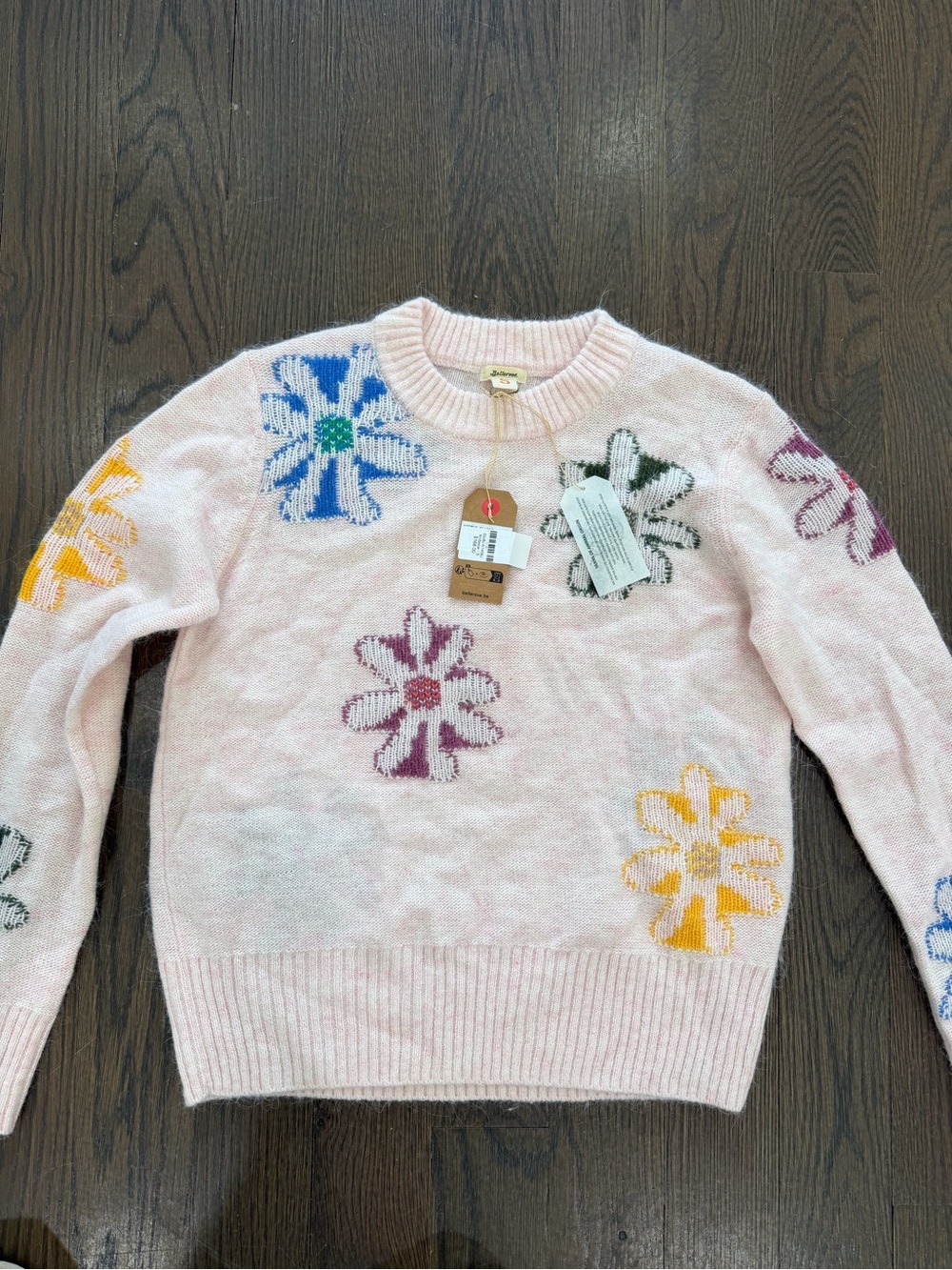 Bellerose Light Pink Crewneck Sweater with Multicolor Floral Knits